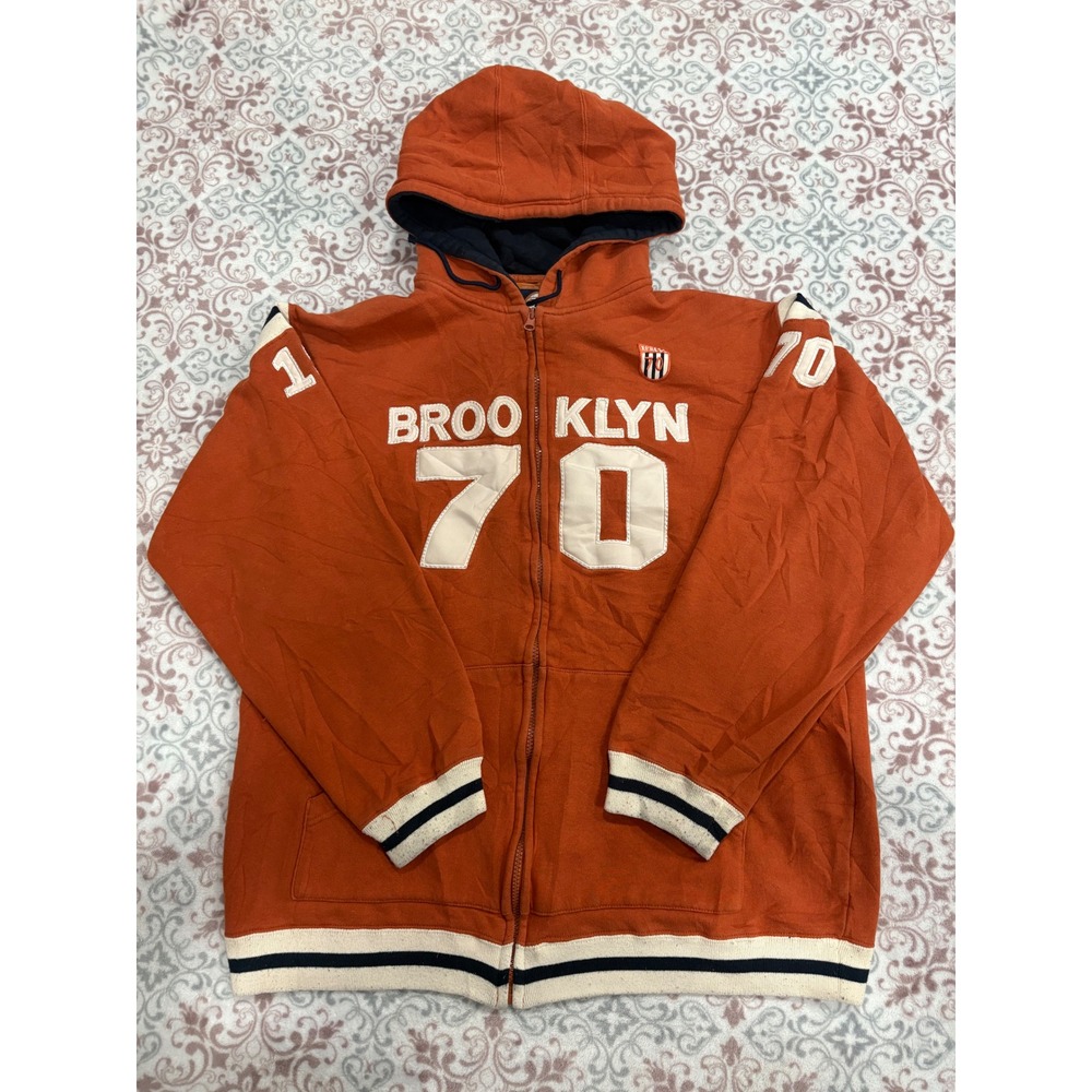 Vintage Xpress Brooklyn Rules Mens XL Full Zip Hoodie Orange Varsity Sweatshirt